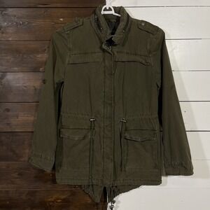 Levis Jacket Womens Medium Green Field Military Hooded Full Zip Fishtail Hem
